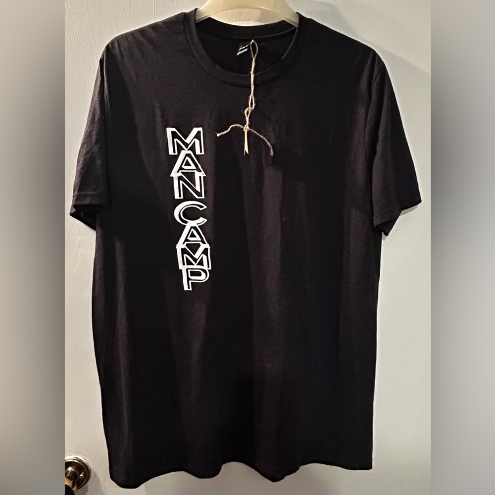District Black Short Sleeve Tee with White Vertical 'MANCAMP' Logo Size XL